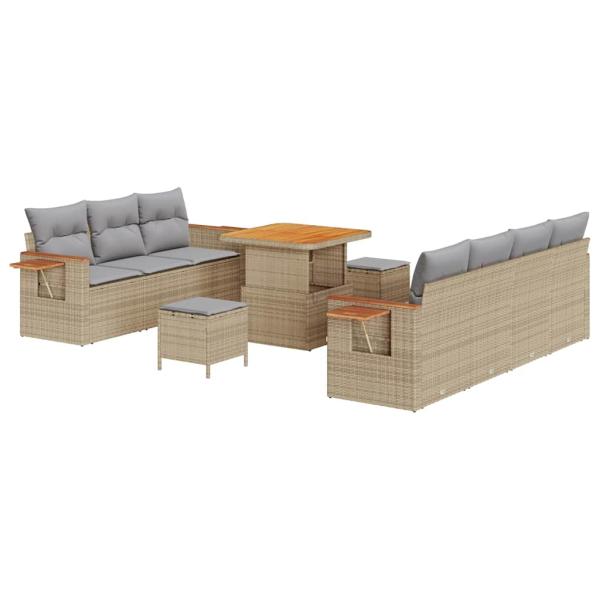 10-teiliges Garten Sofa Set mit Kissen Beige Poly Rattan Akazie