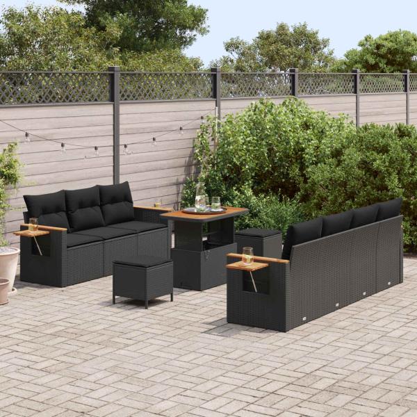 10-teiliges Garten Sofa Set mit Kissen Schwarz Poly Rattan Akazie