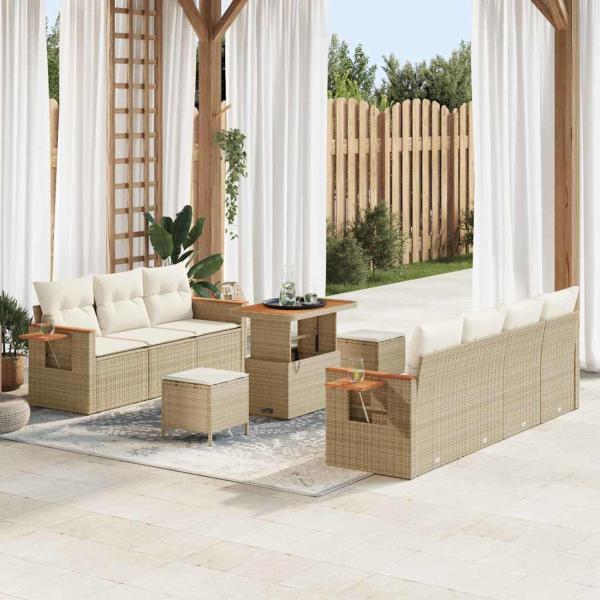 ARDEBO.de - 10-teiliges Garten Sofa Set mit Kissen Beige Poly Rattan Akazie