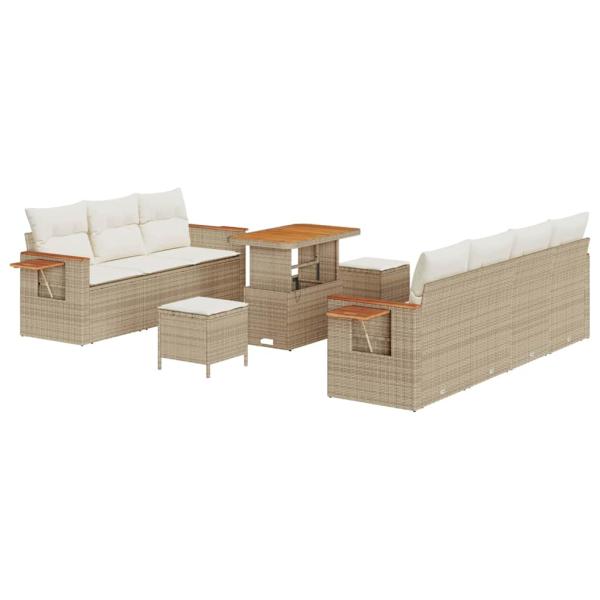 10-teiliges Garten Sofa Set mit Kissen Beige Poly Rattan Akazie