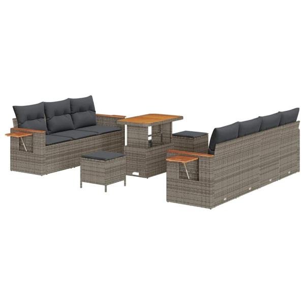 10-teiliges Garten-Sofa-Set mit Kissen Grau Poly-Rattan Akazie