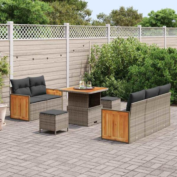 8-teiliges Garten Sofa Set mit Kissen Grau Poly Rattan Akazie
