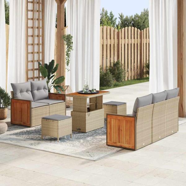 ARDEBO.de - 8-teiliges Garten-Sofa-Set mit Kissen Beige Poly Rattan Akazie