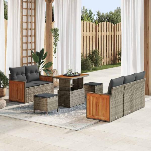 ARDEBO.de - 8-teiliges Garten Sofa Set mit Kissen Grau Poly Rattan Akazie