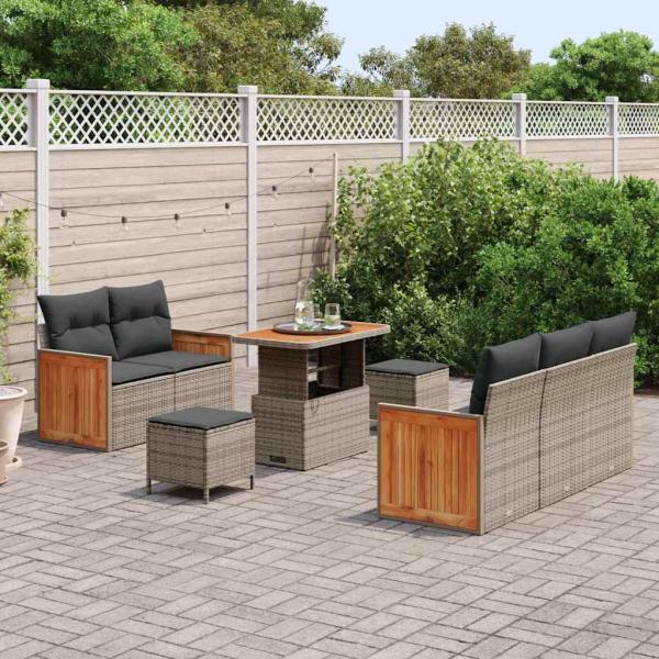 8-teiliges Garten Sofa Set mit Kissen Grau Poly Rattan Akazie