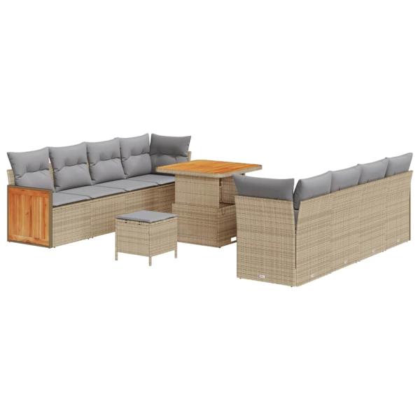 11-teiliges Garten Sofa Set mit Kissen Beige Poly-Rattan Akazie