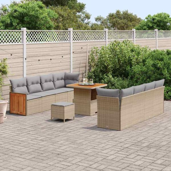 11-teiliges Garten Sofa Set mit Kissen Beige Poly-Rattan Akazie