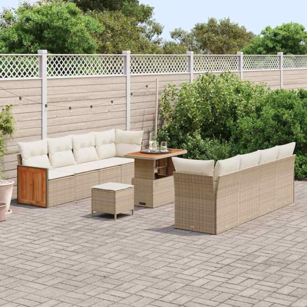 11-teiliges Garten-Sofa-Set mit Kissen beige Poly-Rattan Akazie