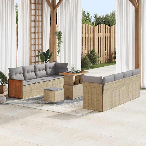 ARDEBO.de - 11-teiliges Garten-Sofa-Set mit Kissen Beigem Poly Rattan Akazie