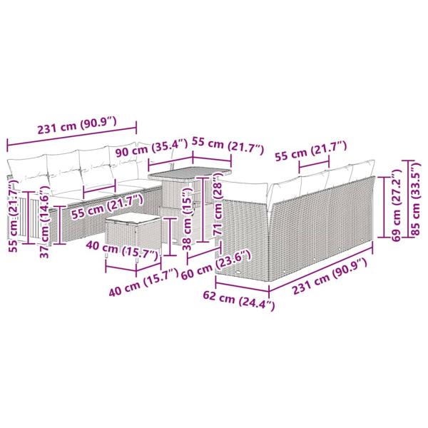 11-teiliges Garten-Sofa-Set mit Kissen Beigem Poly Rattan Akazie