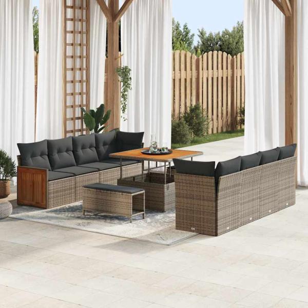 ARDEBO.de - 11-teiliges Garten Sofa Set mit Kissen Grau Poly Rattan Akazie