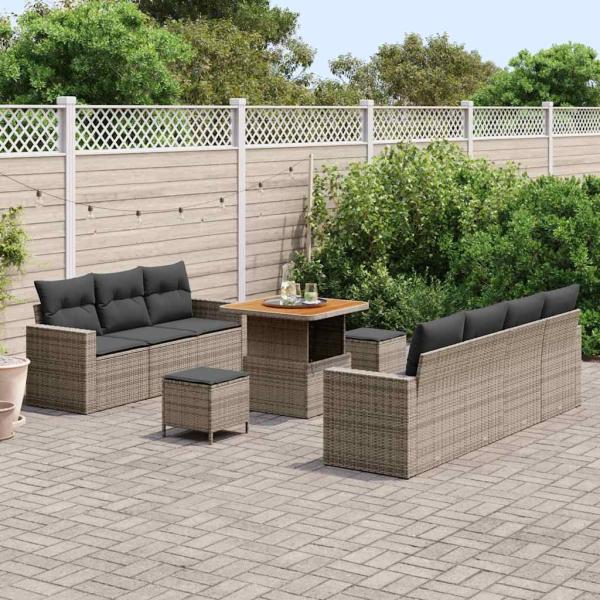 10-teiliges Garten Sofa Set mit Kissen Grau Poly Rattan Akazie