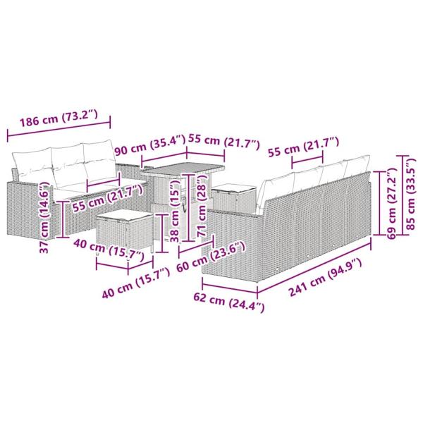 10-teiliges Garten Sofa Set mit Kissen Beige Poly Rattan Akazie
