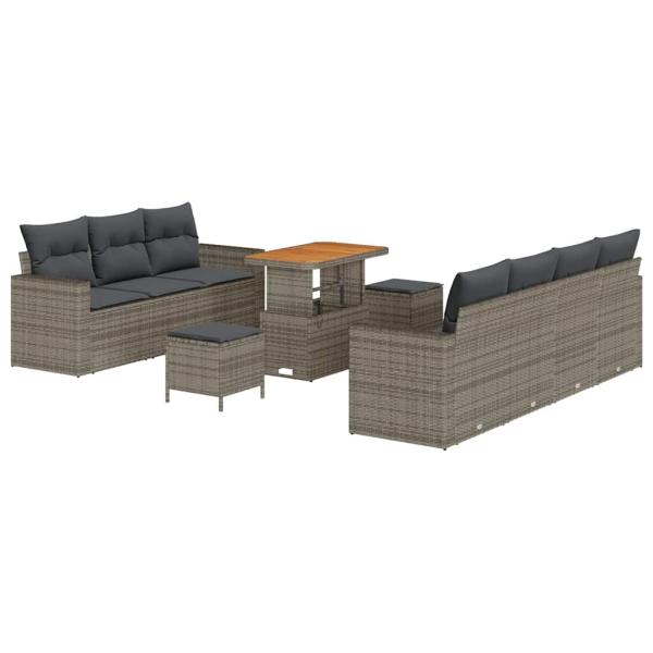 10-teiliges Garten Sofa Set mit Kissen Grau Poly Rattan Akazie