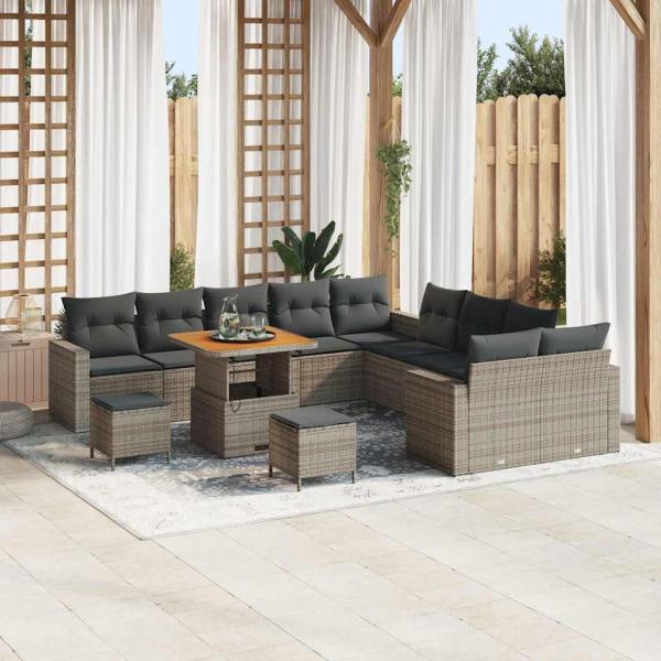 ARDEBO.de - 13-teiliges Garten Sofaset mit Kissen Grau Poly Rattan Akazie