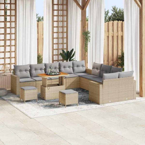 ARDEBO.de - 13-teiliges Garten Sofa Set mit Kissen Beige Poly Rattan Akazie