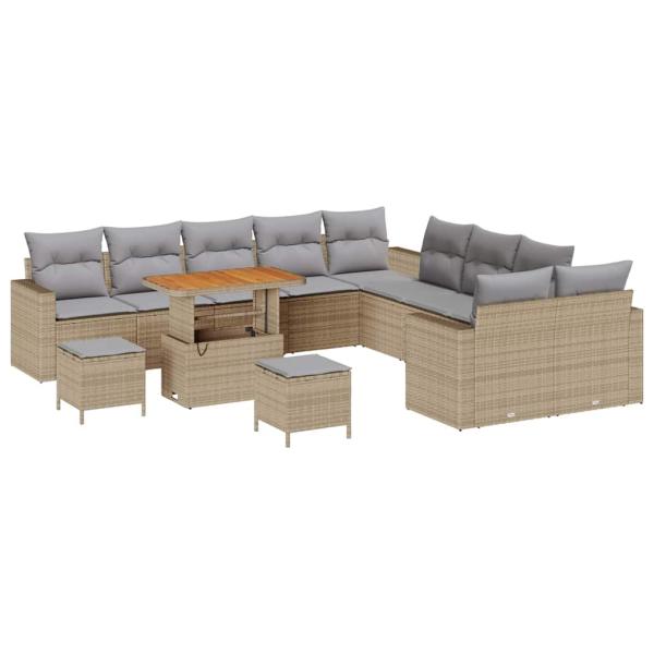 13-teiliges Garten Sofa Set mit Kissen Beige Poly Rattan Akazie