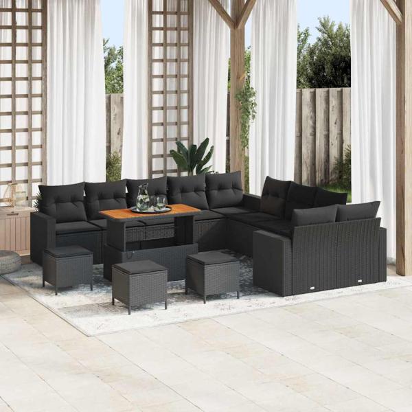 ARDEBO.de - 14-teiliges Garten-Sofa-Set mit Kissen Schwarz Poly Rattan Akazie