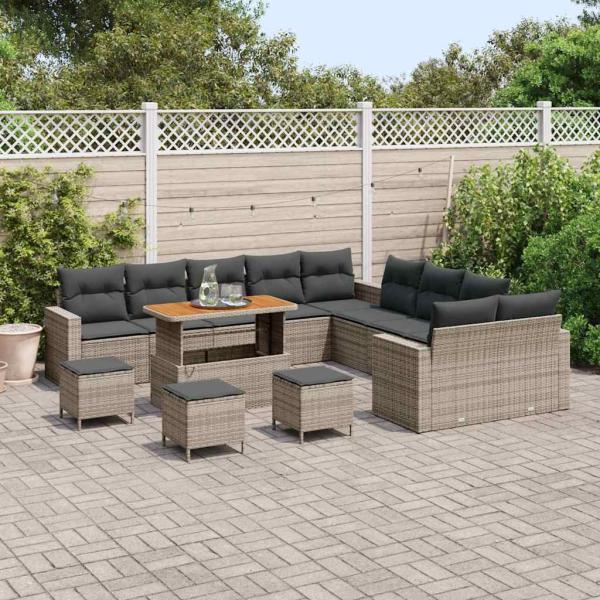 14-teiliges Garten Sofa Set mit Kissen Grau Poly Rattan Akazie