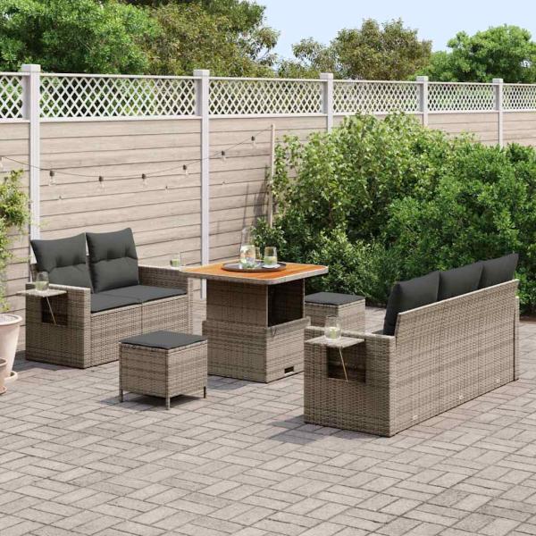 8-teiliges Garten Sofa Set mit Kissen Grau Poly Rattan Akazie