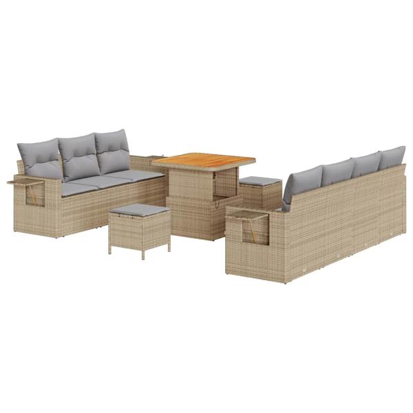 10-teiliges Garten Sofa Set mit Kissen Beige Poly Rattan Akazie