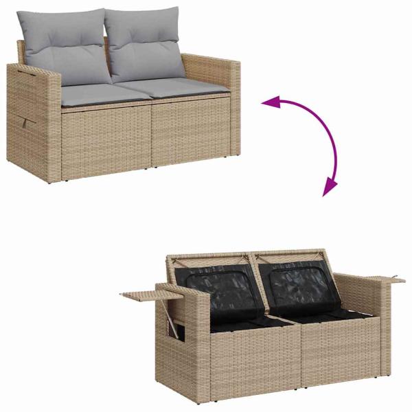 10-teiliges Garten Sofa Set mit Kissen Beige Poly Rattan Akazie