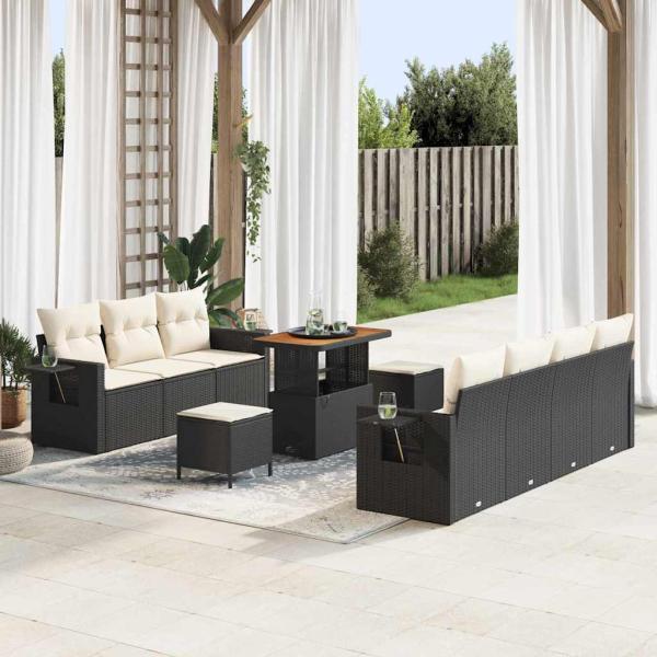 ARDEBO.de - 10-teiliges Garten Sofaset mit Kissen Schwarz Poly Rattan Akazie