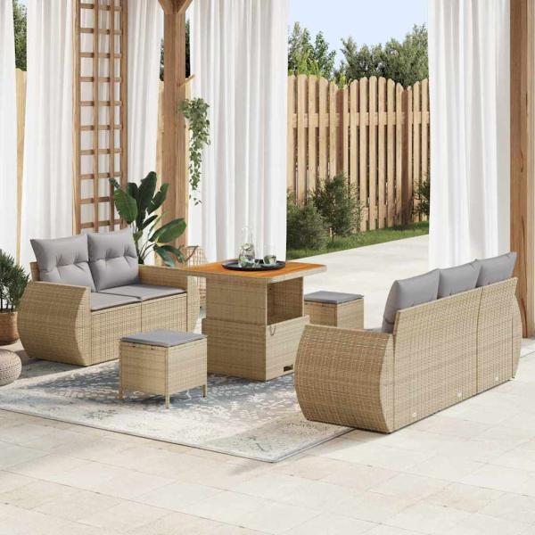 ARDEBO.de - 8-teiliges Garten Sofa Set mit Kissen Beige Poly Rattan Akazie