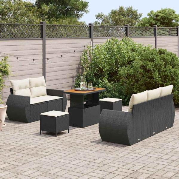 8-teiliges Garten-Sofa-Set mit Kissen Schwarz Poly-Rattan Akazie