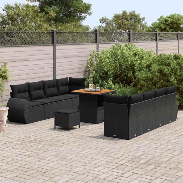 11-teiliges Garten Sofa Set mit Kissen Schwarz Poly-Rattan Akazie