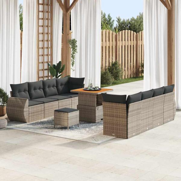 ARDEBO.de - 11-teiliges Garten Sofa Set mit Kissen aus grauem Poly-Rattan, Akazie