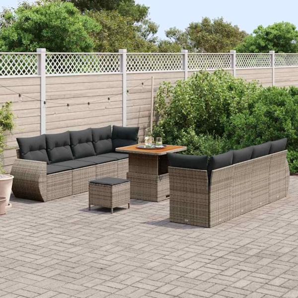 11-teiliges Garten Sofa Set mit Kissen aus grauem Poly-Rattan, Akazie