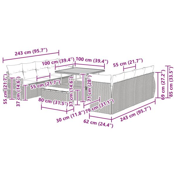 ARDEBO.de - 11-teiliges Garten Sofaset mit Kissen Schwarz Poly Rattan Akazie