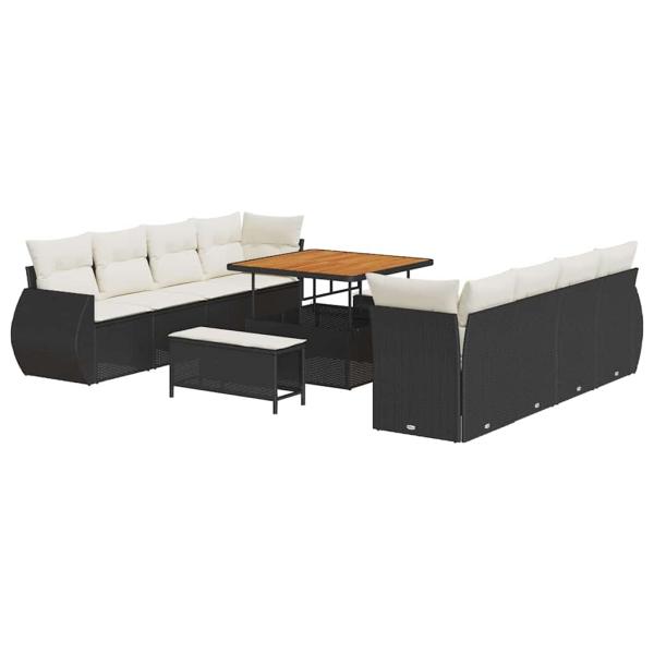 11-teiliges Garten Sofa Set mit Kissen Schwarz Poly Rattan Akazie