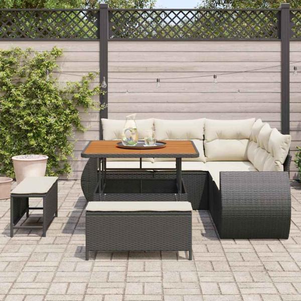 8-teiliger Garten Sofa Set mit Kissen Schwarz Poly-Rattan Akazie
