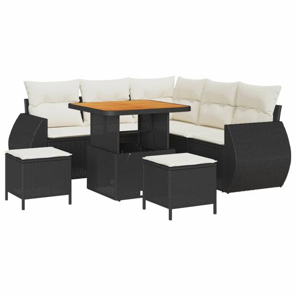 8-teiliges Garten Sofa Set mit Kissen Schwarz Poly Rattan Akazie