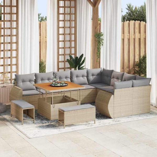 ARDEBO.de - 12-teiliges Garten Sofa Set mit Kissen Beige Poly Rattan Akazie