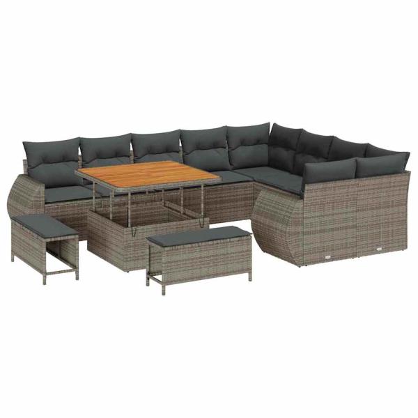 12-teiliges Garten Sofa Set mit Kissen Grau Poly Rattan Akazie