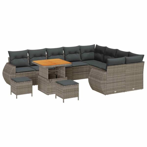 12 Teile Garten Sofa Set mit Kissen Grau Poly Rattan Akazie