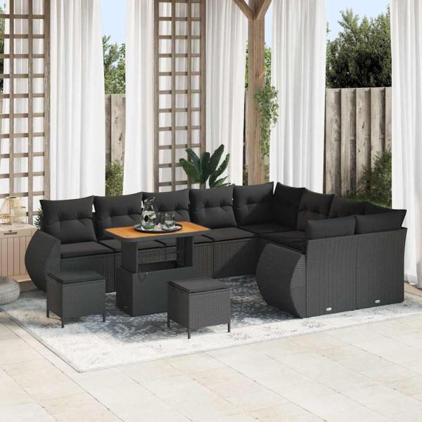 ARDEBO.de - 12-teiliges Garten Sofa Set mit Kissen Schwarz Poly-Rattan Akazie