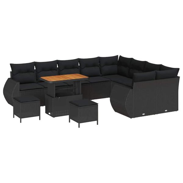 12-teiliges Garten Sofa Set mit Kissen Schwarz Poly-Rattan Akazie