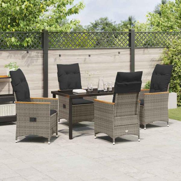 5-teiliges Garten-Esstisch-Set mit Kissen in grauem Poly-Rattan