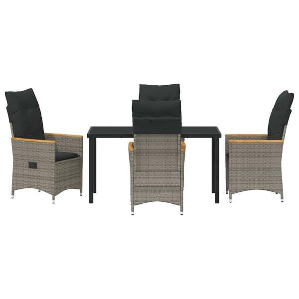 5-teiliges Garten-Esstisch-Set mit Kissen in grauem Poly-Rattan
