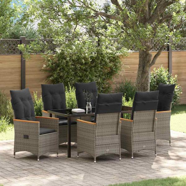 ARDEBO.de - 7-teiliges Garten-Ess-Set mit Kissen Grau Poly-Rattan
