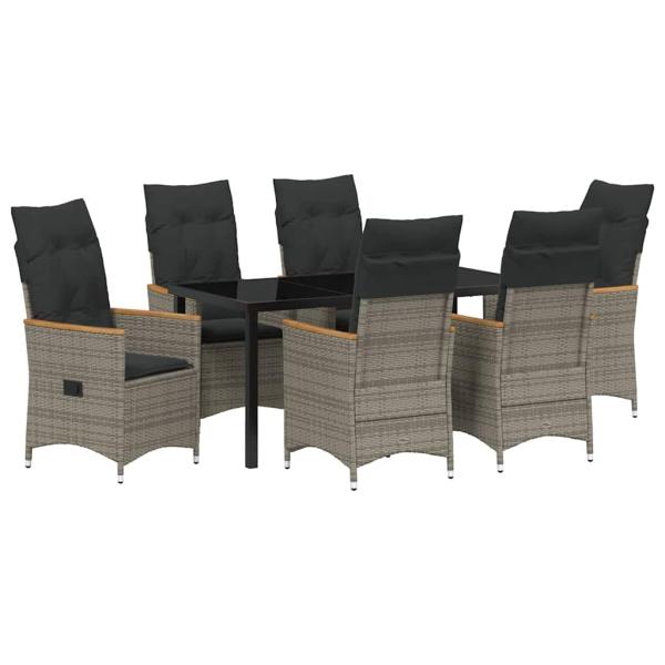 7-teiliges Garten-Ess-Set mit Kissen Grau Poly-Rattan