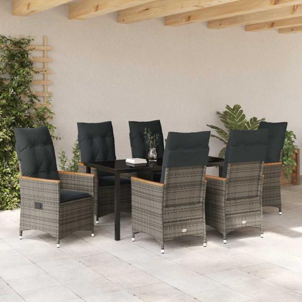 7-teiliges Garten-Ess-Set mit Kissen Grau Poly-Rattan