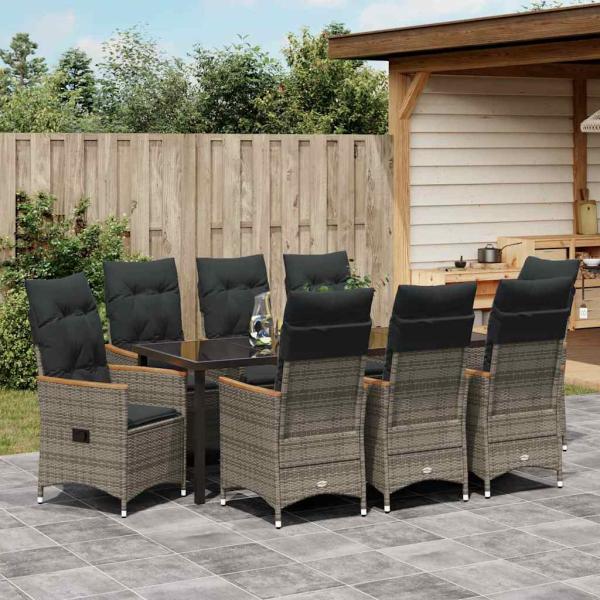 ARDEBO.de - 9-teiliges Garten-Dining-Set mit Kissen Grau Poly-Rattan