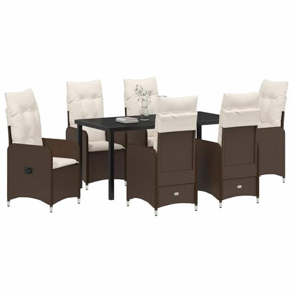 7-teiliges Garten-Esszimmer-Set mit Kissen Braun Poly Rattan