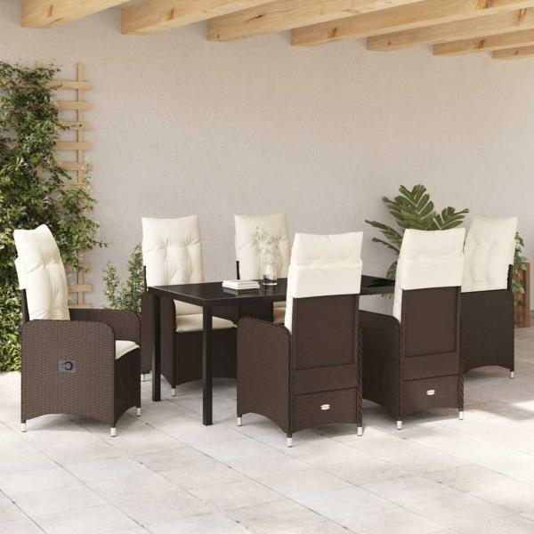 7-teiliges Garten-Esszimmer-Set mit Kissen Braun Poly Rattan