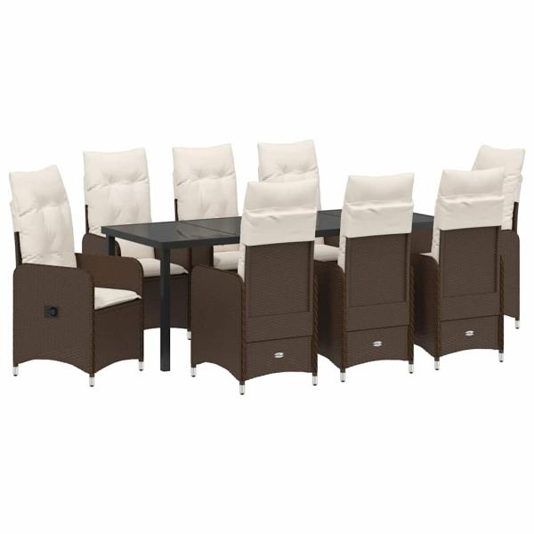9-teiliges Garten-Dining-Set mit Kissen Braun Poly-Rattan